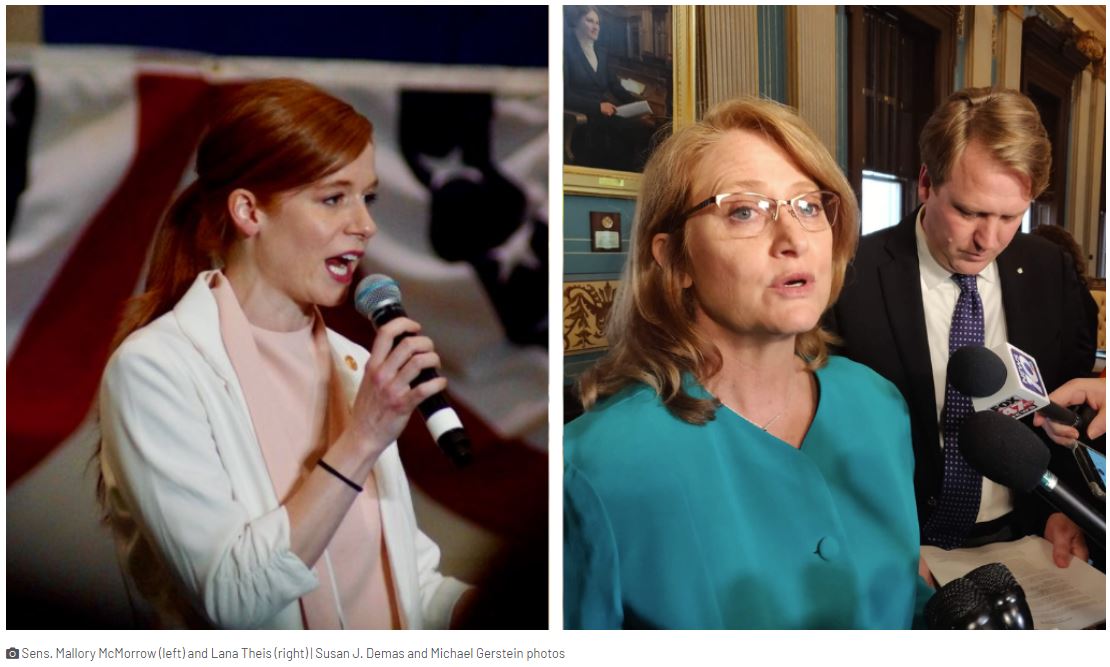 NEKentDems's tweet photo. Senator Mallory McMorrow (left) was asked how she could work alongside Lana Theis  (right) now, after the Republican  insinuated that McMorrow "grooms" children for sexual exploitation.  “You don’t work with them. You work to get them out of office,” she replied. 

WE AGREE! https://t.co/aZPGGZBY2T