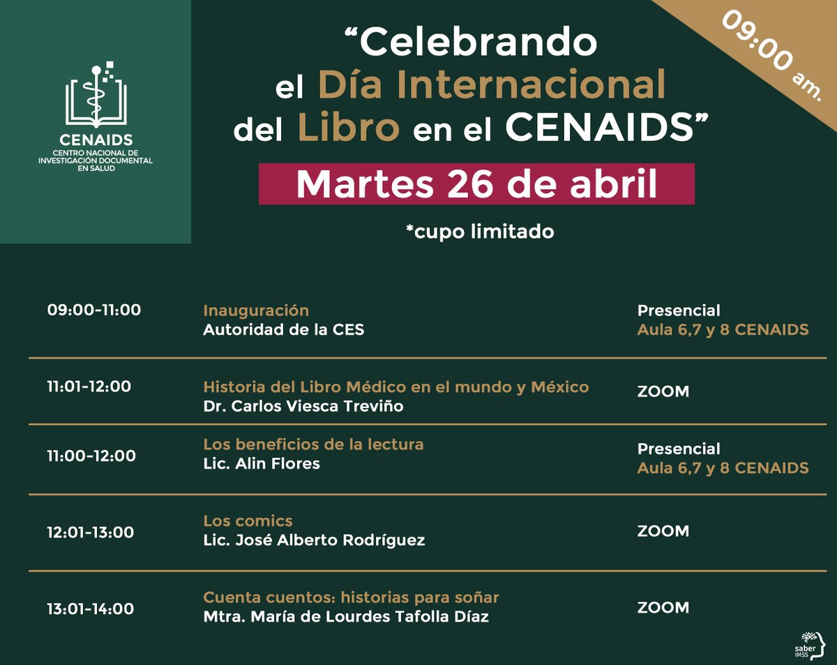 Saber_IMSS's tweet photo. Invitamos al público en general a celebrar el Día del #Libro con eventos especiales del #CENAIDS los días 26, 27 y 28 de abril. 👉📅¡Habrá muchas actividades que no te debes perder! Ponencias presenciales y virtuales, cuenta cuentos, baile folklórico y concierto de violonchelo. https://t.co/2nRxoJYHgK