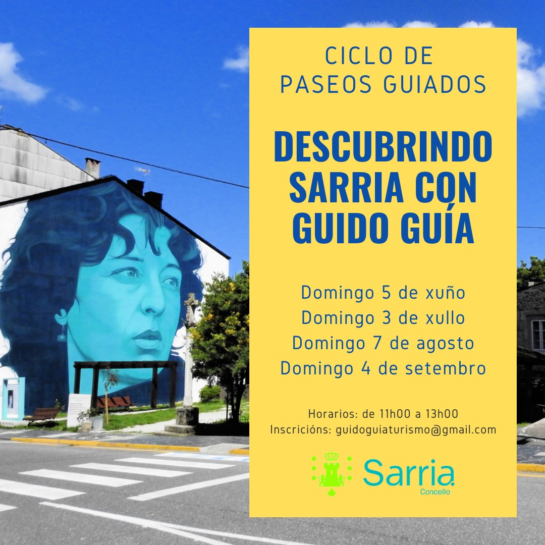 Concello de Sarria (@sarriaconcello) on Twitter photo Hoxe anunciamos un ciclo de actividades moi especial: paseos guiados gratuítos #DescubrindoSarria 💛 con @guidoalvarezp entre o 05/04 e o 04/09. O coñecido guía especializado na nosa provincia ofrecerá unha nova ollada do noso concello. Apúntate en guidoguiaturismo@gmail.com 🌟 Hoxe anunciamos un ciclo de actividades moi especial: paseos guiados gratuítos #DescubrindoSarria 💛 con @guidoalvarezp entre o 05/04 e o 04/09. O coñecido guía especializado na nosa provincia ofrecerá unha nova ollada do noso concello. Apúntate en guidoguiaturismo@gmail.com 🌟