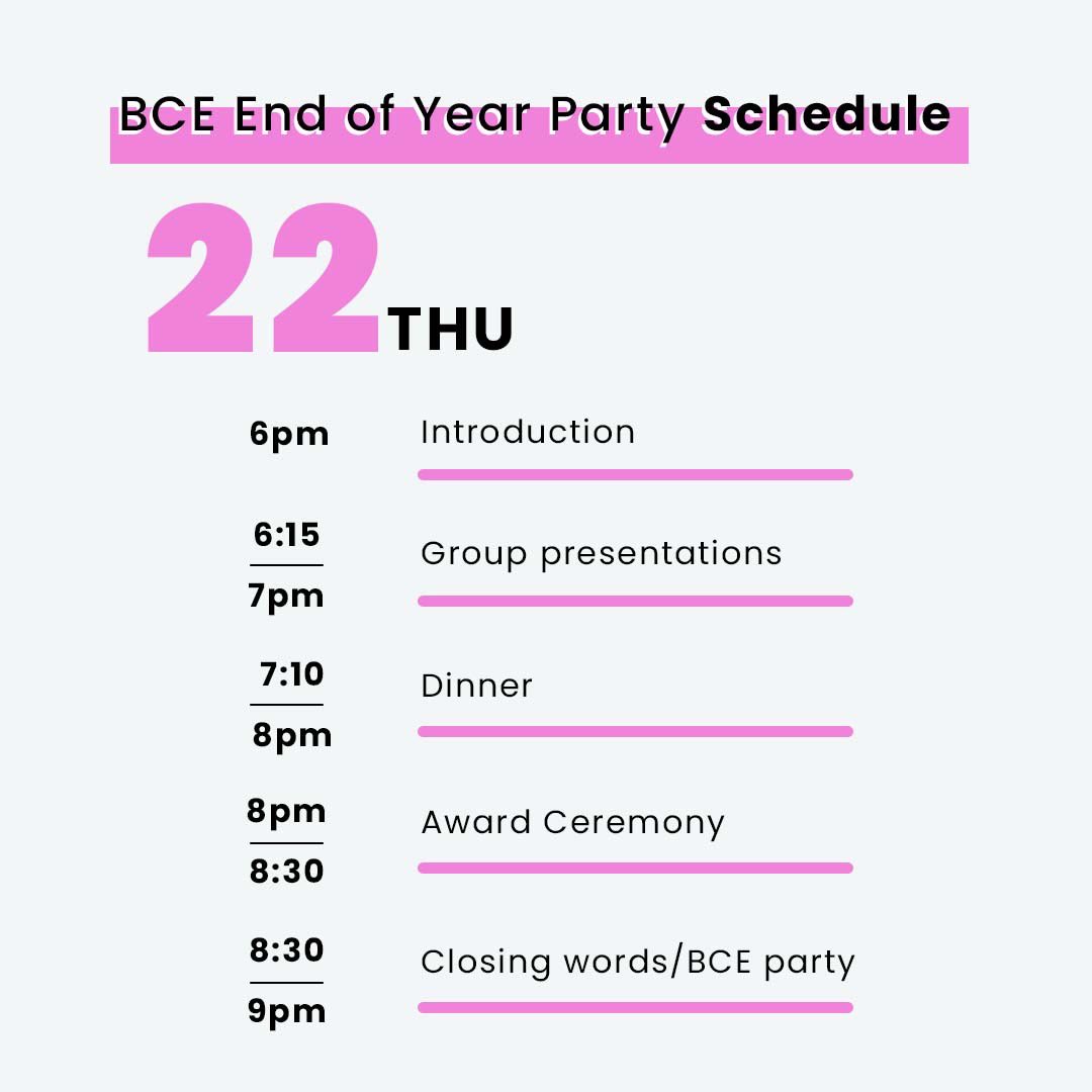 This is the schedule for the End of Year Party‼️

See you today at the Artists for Humanity Center at 6:00 PM🤩💜
