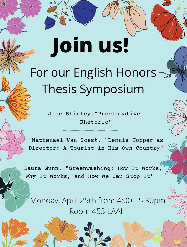 TheEnglishAggie's tweet photo. Come listen to some great presentations on Monday, April 25 from 4:00-5:30 in LAAH 453!
#tamu #tamuliberalarts #englishaggies #honorsthesis https://t.co/EhvIzVCSRO