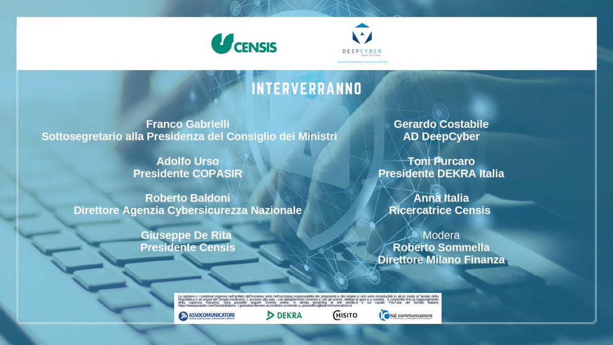 Assocomunicato1's tweet photo. Domani presentazione del Rapporto @FonteCensis - #DeepCyber “IL VALORE DELLA #CYBERSECURITY - Perché serve la #sicurezzainformatica per la buona rivoluzione #digitale”
Promosso da #Assocomunicatori e realizzato da @ItalCom_
📍SEGUI LA DIRETTA ORE 10.00
https://t.co/s2nJtqRaUR https://t.co/oHYBbspjR4