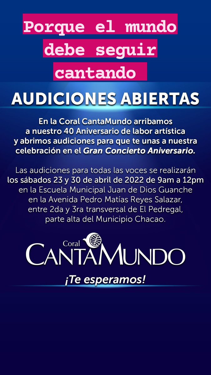 agolfilosofo's tweet photo. #21Abr si quieres cantar en un coro polifónico, esta es tu oportunidad. Te esperamos #cantamundo porque el mundo debe seguir cantando https://t.co/DY9UOktb2Z