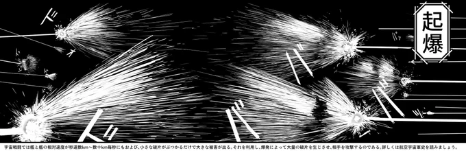この破片攻撃弾頭の爆散、左側は月艦隊が発射した対艦攻撃用の大型破片を撒き散らすもので、右は地球艦隊の発射した相手の爆散片に干渉させ速度を落としたり偏向させたりして自らを防御することが目的の小さく高密度の破片を発生させるものです。ちょっと描き分けてます。 https://t.co/seKRLXBCfN 