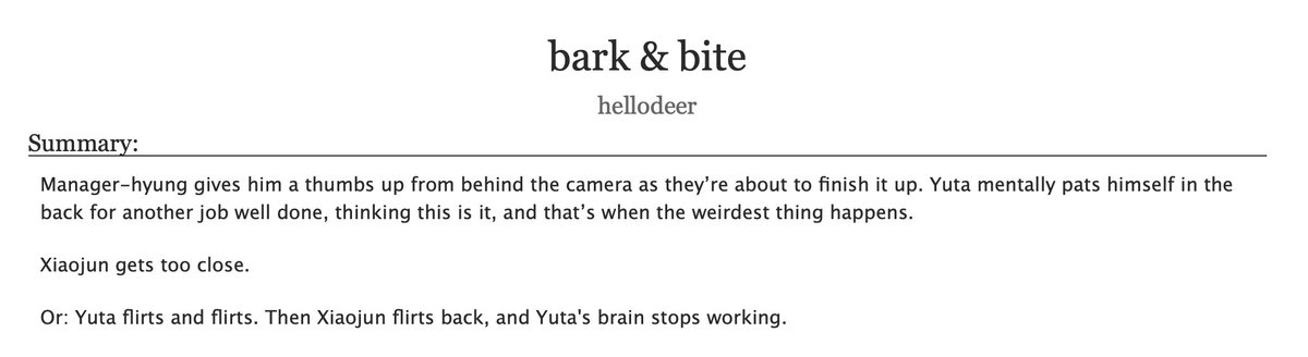 bark &amp; bite 😳

yuta/xiaojun, 2.9k
yuta gets a taste of his own medicine and freaks out about it
written for <a href="/littlefishfest/">Little Fish Fest | xiaojun and yuta | REST.</a> 

archiveofourown.org/works/38415190