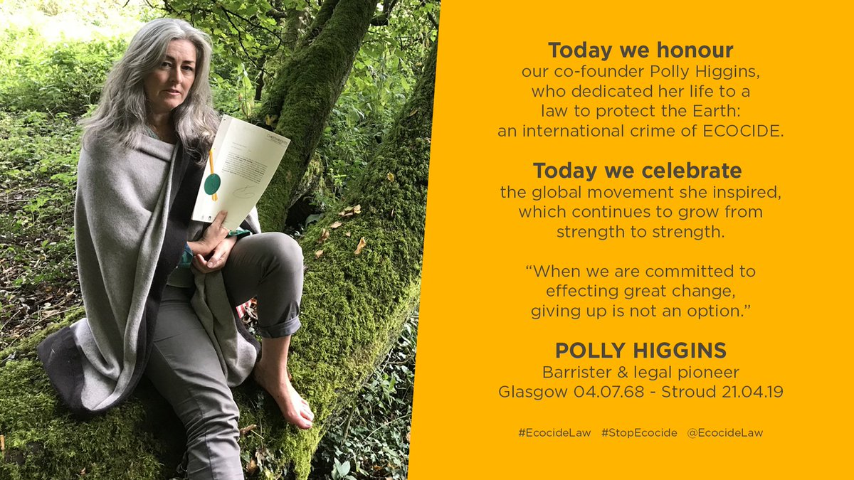 Stop Ecocide International (@ecocidelaw) on Twitter photo Today we celebrate our remarkable co-founder, lawyer and pioneer <a href="/PollyHiggins/">Polly Higgins Earth lawyer - 1968-2019</a> (1968-2019). Polly dedicated her life to growing awareness of the concept of #ECOCIDE and advocating worldwide for it to become a new international crime - a fifth “#crime against #peace”.
#FifthCrime Today we celebrate our remarkable co-founder, lawyer and pioneer <a href="/PollyHiggins/">Polly Higgins Earth lawyer - 1968-2019</a> (1968-2019). Polly dedicated her life to growing awareness of the concept of #ECOCIDE and advocating worldwide for it to become a new international crime - a fifth “#crime against #peace”.
#FifthCrime