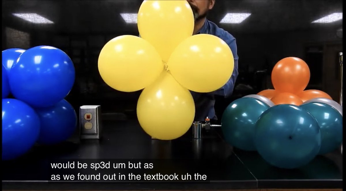 JInorganica's tweet image. Os balões de festa podem ser usados para simular na dimensão macroscópica o arranjo espacial dos domínios de elétrons (dimensão microscópica) em torno do átomo central #jqijornal  #moleculargeometry #baloons #chemistry Assista o vídeo in youtu.be/C8MpOpxYNmY