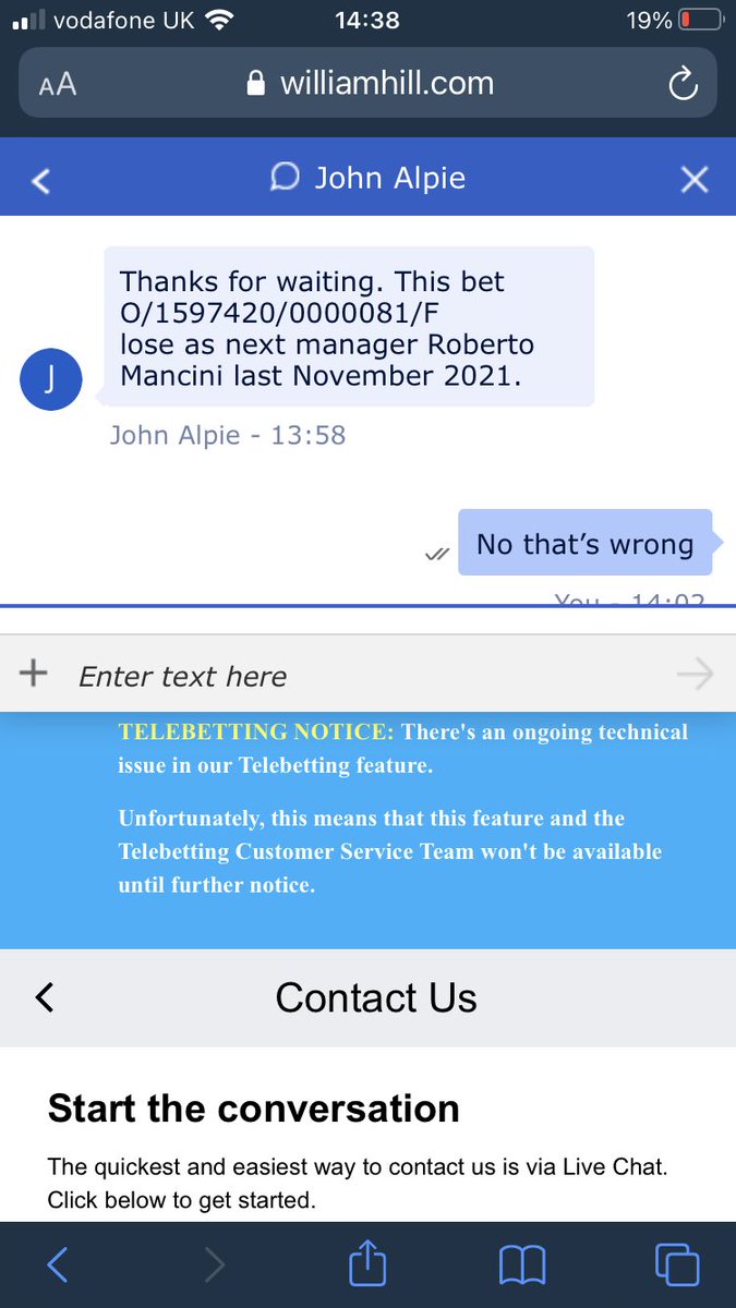 mongboy84's tweet photo. Never place a bet with @WilliamHill 
I placed a bet on #TenHag to be next permanent #ManchesterUnited manager at 16-1 months ago and they removed the bet from my betting history once his chances were becoming more likely.
When I questioned it this is the responses https://t.co/06dtlbl1sG