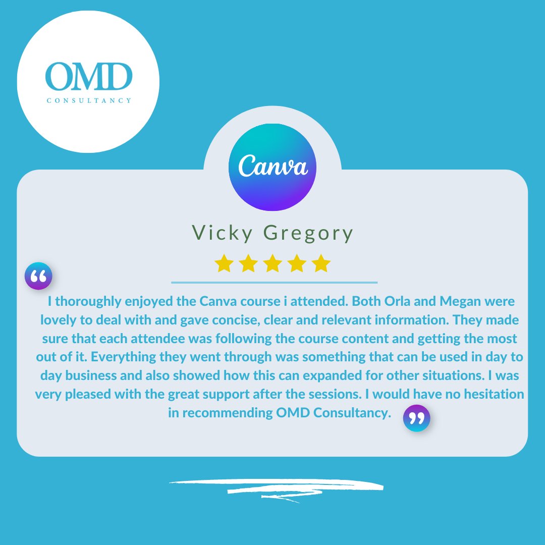 OMDConsultancy's tweet photo. Following our recent Canva Workshops Vicky provided us with some kind words on her experience. Thank you for your feedback and joining us on the workshop, we are already enjoying seeing you new Canva designs.
#clienttestominal #canvaworkshop #omdconsultancy #digitaldesigns https://t.co/47CRNY4Qcc