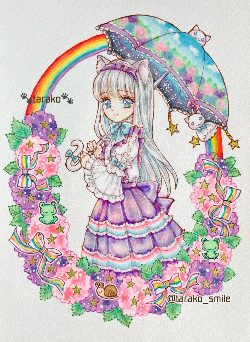 1girl umbrella rainbow animal ears solo long hair bow  illustration images