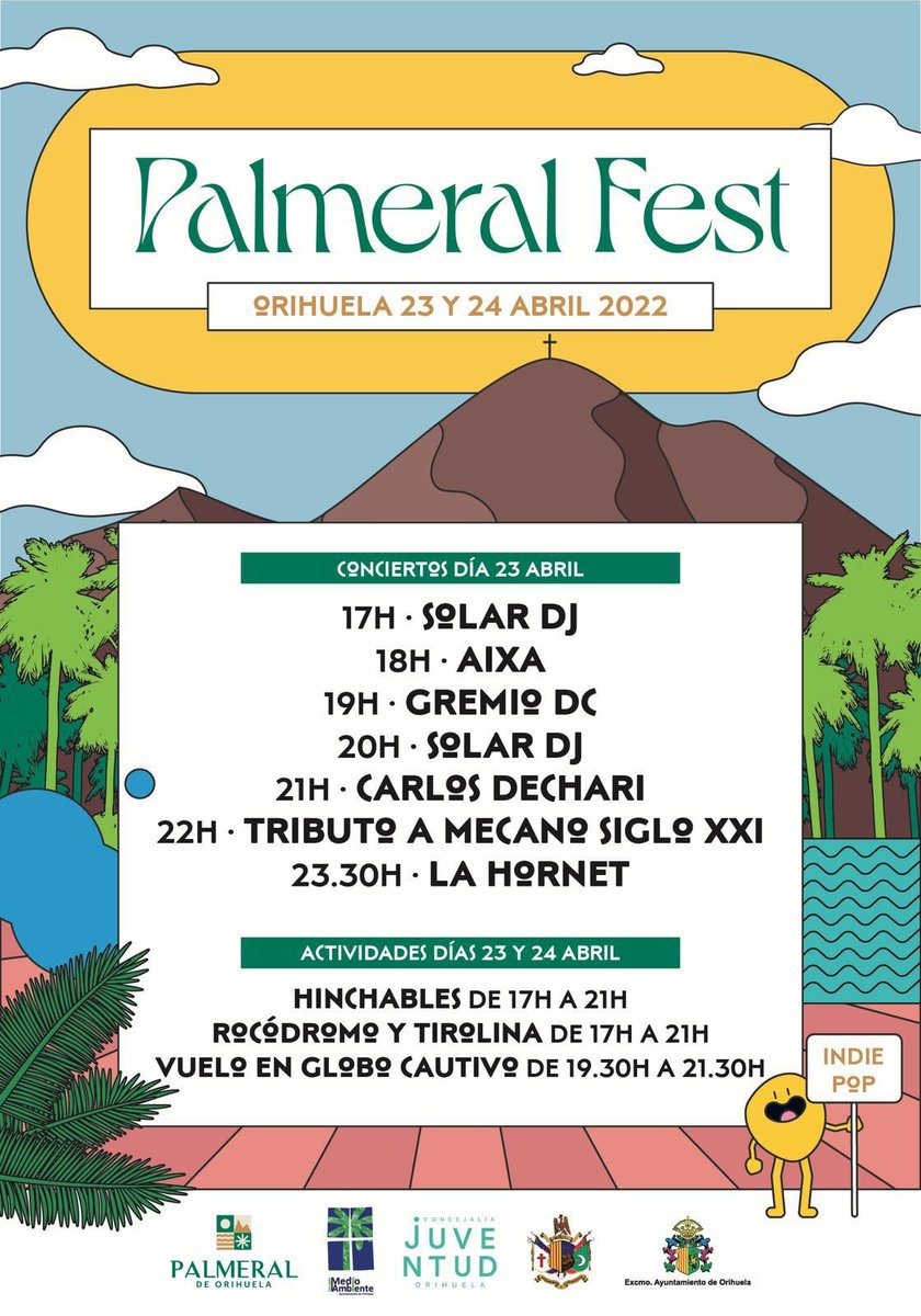 Y un festival que tendrá lugar este sábado 23, es el Palmeral Fest de Orihuela, con <a href="/GremioDC/">Gremio DC</a>, Aixa o Solar DJs como principales atractivos. La entrada es gratuita <a href="/AytoOrihuela/">AytoOrihuela</a> 

alacant-indie.blogspot.com/2022/04/festiv…