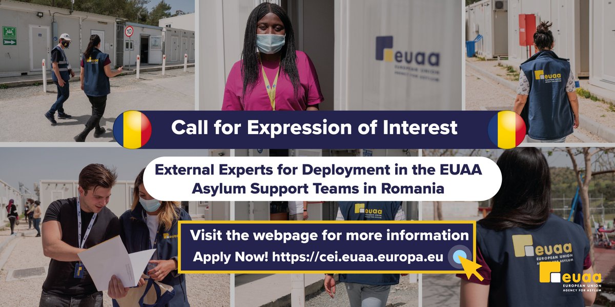 EUAsylumAgency's tweet photo. Are you interested in being part of a #team deployed in a #EUAA Operation in #Romania 🇷🇴?
Check this out! ⬇️
We are establishing a list of #ExternalExperts to support us in the field of #asylum & #reception.
More info ℹ️ https://t.co/s9KNTqTjBH
Apply 🌐 https://t.co/opYTIA6izv https://t.co/99w6shiwar