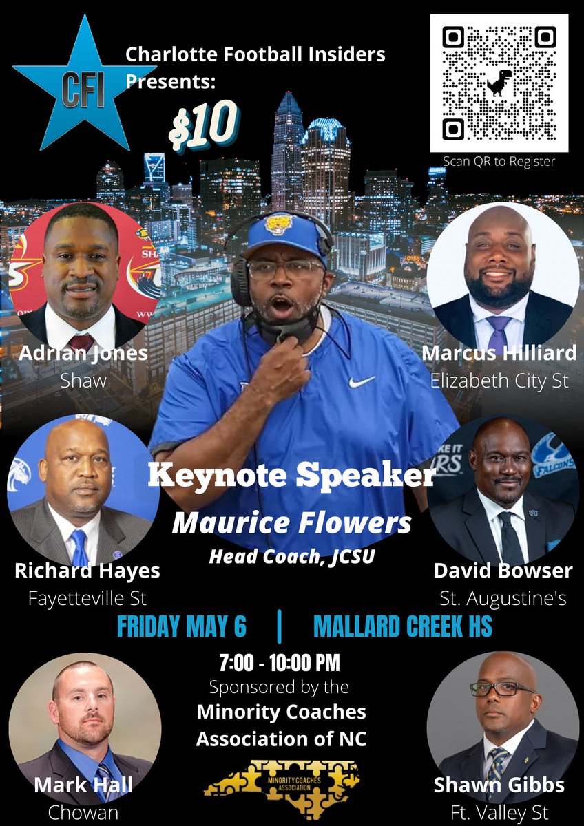 We have an incredible opportunity for High School Coaches to bring their prospect lists, network, & listen to HBCU Coaches! The Minority Coaches Association @MCAofNC will be present & feeding all attendees! Scan the QR code or register @ charlottefootballinsiders.com/hbcu-carolinas… to join us!