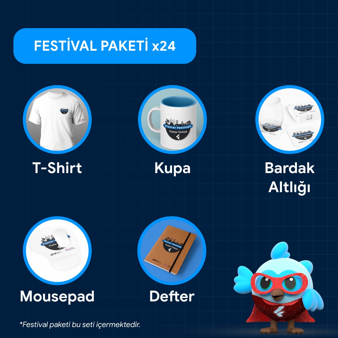 Flutter_Turkiye's tweet photo. Bu tweete RT ve like atan 8 kişi bizden Festival Paketi kazanacak 🥳

Şartlar:
1) #FlutterFestivalTurkiye'ye Meetup üzerinden kayıt olmak 🎉
2) Hiç hediye kazanamamış olmak 🤩
3) @Flutter_Turkiye hesabını takip ediyor olmak 💙

Kazanan arkadaşlara bu akşam ulaşılacak ⏰

#flutter https://t.co/BAdF1nNQfc