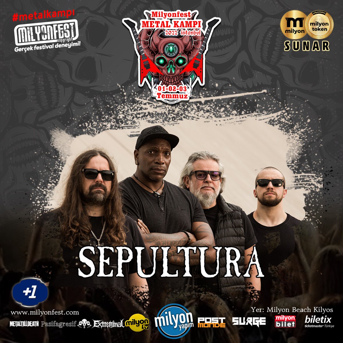 Brezilyalı dünyaca ünlü  Thrash/Death Metal grubu SEPULTURA Milyonfest Metal Kampı'nın konuğu olacak. @sepultura

01-02-03 Temmuz tarihlerinde Milyon Beach Kilyos’ta gerçekleşecek Milyonfest Metal Kampı avantajlı dönem biletleri milyonbilet.com, Milyonbilet App'de!