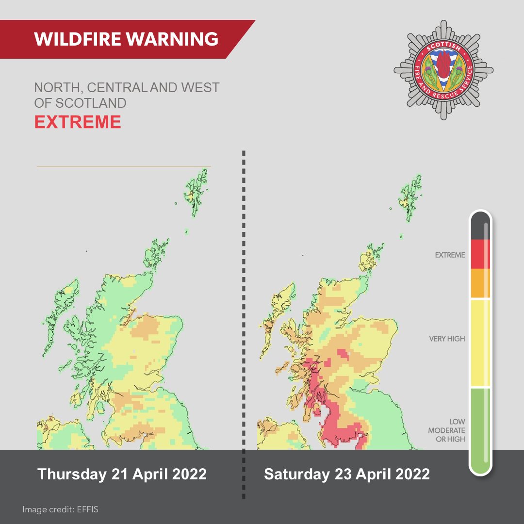 ⚠️EXTREME wildfire risk over weekend
The wildfire warning applies from Friday 22 April and lasts until Monday 25 April and covers North, Central and West Scotland. 
Read more here: ow.ly/Xz8o50IOET5