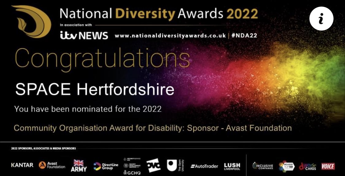 SPACE HERTS (@spaceherts) on Twitter photo We are hugely honoured and excited to have been nominated for a National Diversity Award for the third year running. ๐
Now we need all your help to make it through to the next stage! We would be grateful for your vote for us:
nationaldiversityawards.co.uk/awards-2022/noโฆ
Thank you from Team SPACE ๐ We are hugely honoured and excited to have been nominated for a National Diversity Award for the third year running. ๐
Now we need all your help to make it through to the next stage! We would be grateful for your vote for us:
nationaldiversityawards.co.uk/awards-2022/noโฆ
Thank you from Team SPACE ๐