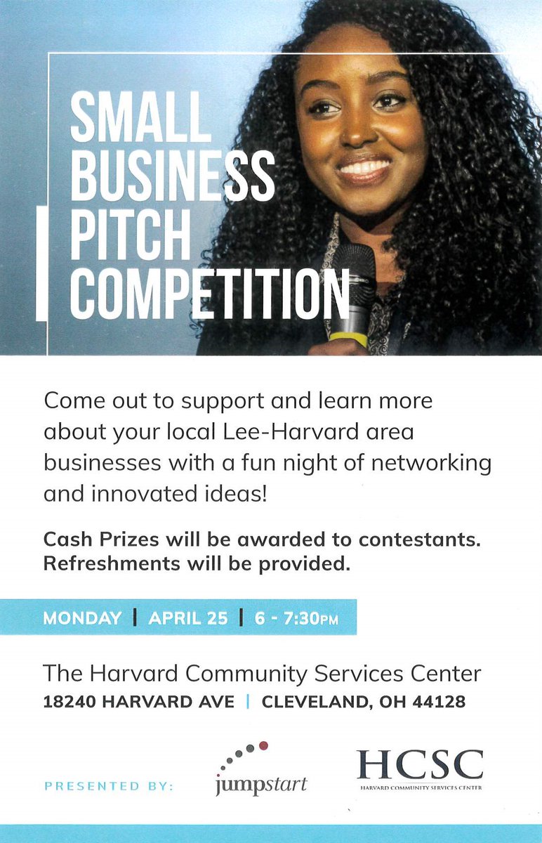 Please join us 4/25 at HCSC for the Small Business Pitch Competition hosted in partnership with Jumpstart @JumpStartInc. The Pitch Competition is a chance for entrepreneurs to present their business ideas to the community, and receive feedback. Free food for the first 50 people!