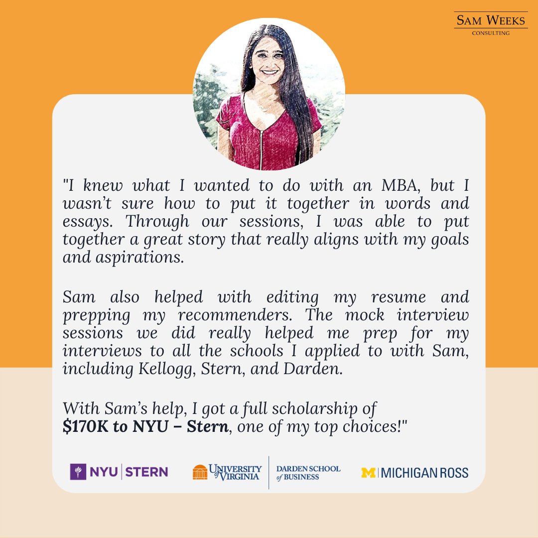 SAMWEEKSCONSULT's tweet photo. Meet Sejal, who has just accepted her offer to join @NYUStern #mba class of 2024 with a scholarship of $170,000. 

How did she do it with a busy job and a plan to pivot her career sharply from tax tech to organizational change management? Read here: https://t.co/6G5GanUGij https://t.co/oSPDP9iGeW