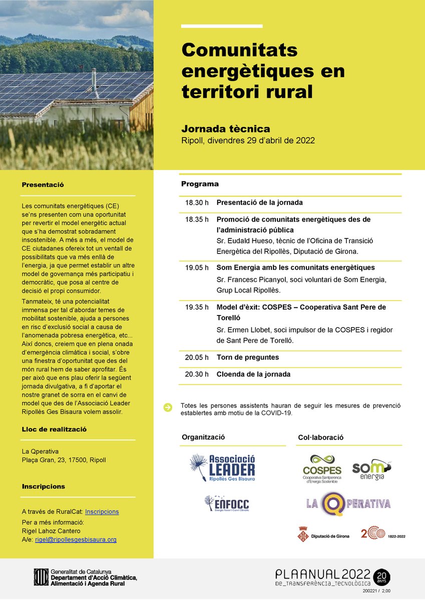 LeaderRGB's tweet photo. ⚡Jornada: "Comunitats energètiques en territori rural"
🙋🏻‍♀️ Les comunitats energètiques van més enllà de l’energia.
🗓️ 29 Abril 18:30
📍 @qperativa, Pl. Gran.Ripoll
🔵 Inscripció a https://t.co/fMctt9k3ce
Organitza @LeaderRGB #ENFOCC
Col·labora @SomEnergia @DiputacioGirona #COSPES https://t.co/p06oOH6YbB