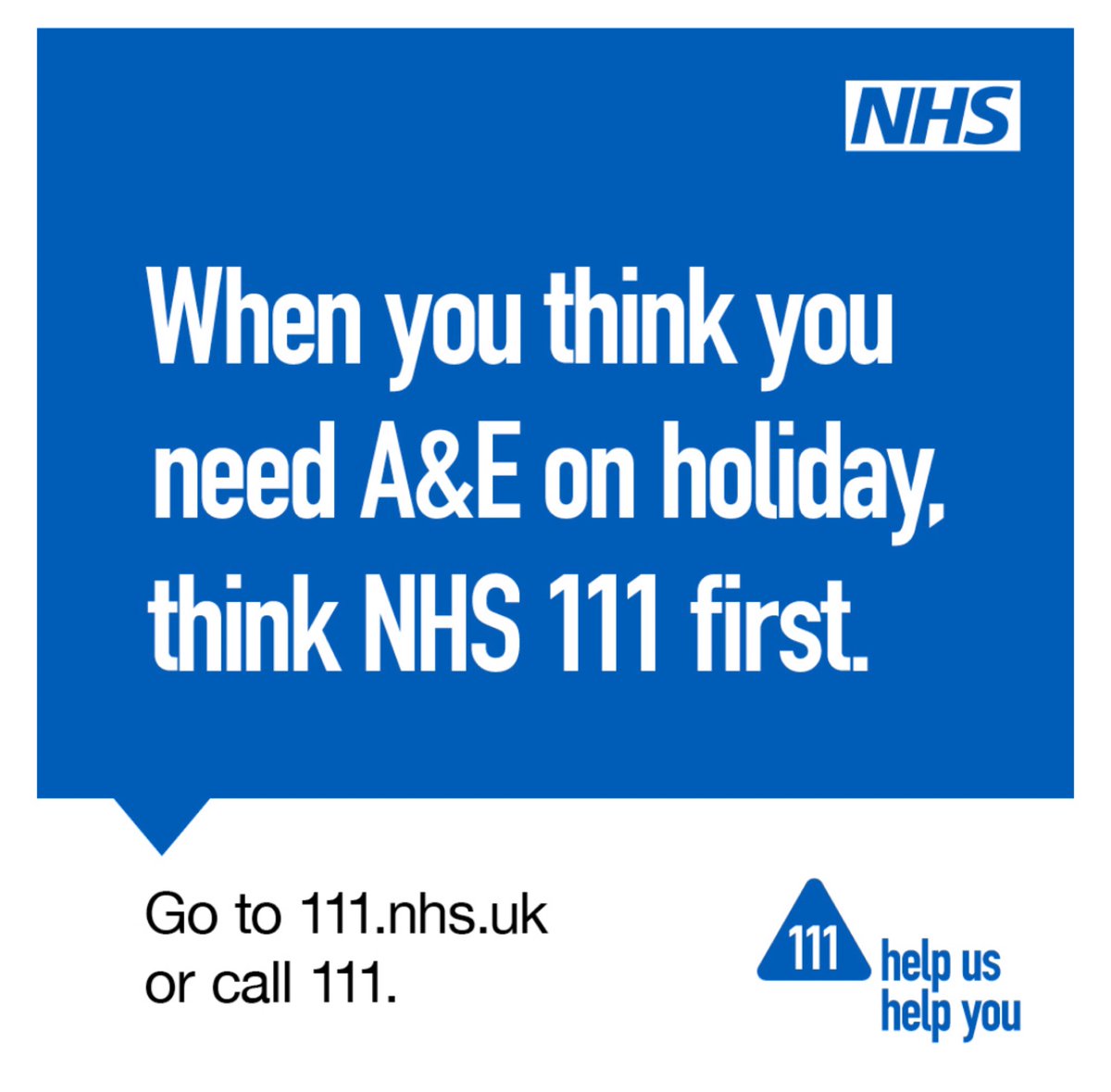 If you think you need A&amp;E whilst on your holiday in England, use NHS 111 first.

NHS 111 can book you into A&amp;E or direct you to an alternative service if it’s more appropriate. Help us ensure you get the right care in the right place, at the right time. orlo.uk/QCbTI