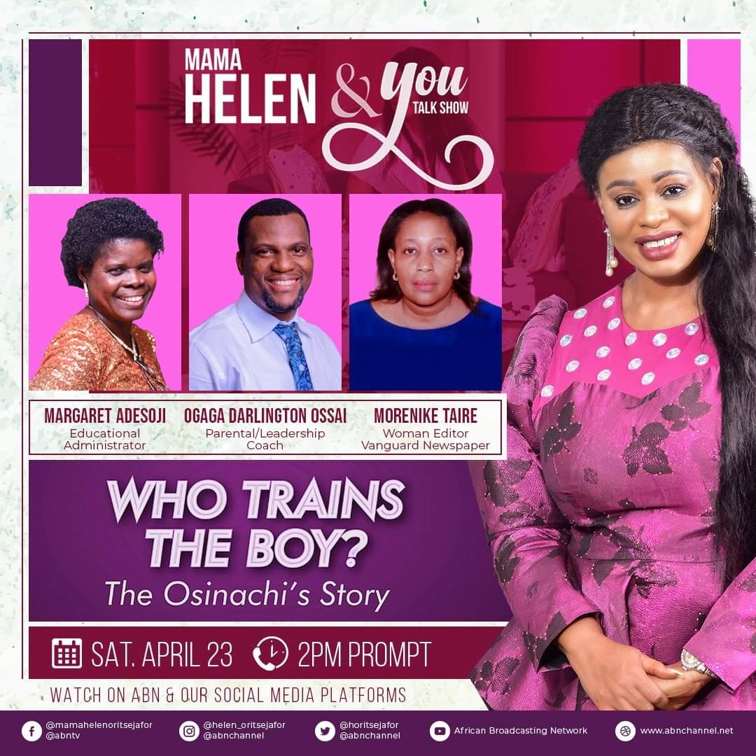 HOritsejafor's tweet photo. Who Trains The Boy?
Mama Helen & You TV Show!
This Saturday 23rd April 2022
Time: 2:00PM Prompt
It's going to be an amazing show
You don't want to miss it.
We will be live on our social media platforms
#mamahelenandyoutvshow #Abnchannel #abuse #violence #relationship #marriage https://t.co/yUpZtr32Sx