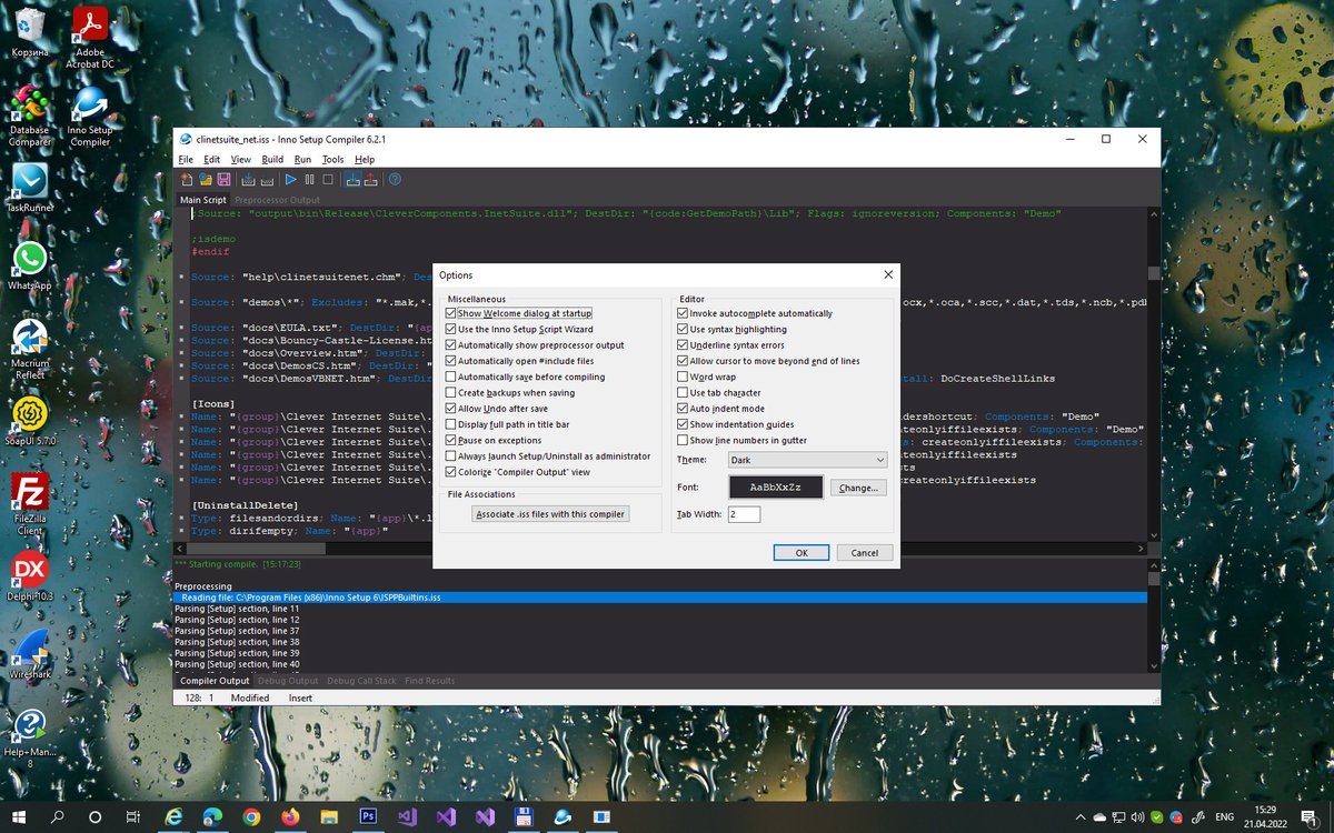 DelphiDevelop's tweet image. Jordan Russell Software have updated their wonderful 🔥 installer tool - InnoSetup up to v6.2.1.
I've already installed this update and tried to recompile installations for our Delphi components.
In fact, the dark theme rules 👍
jrsoftware.org/isdl.php