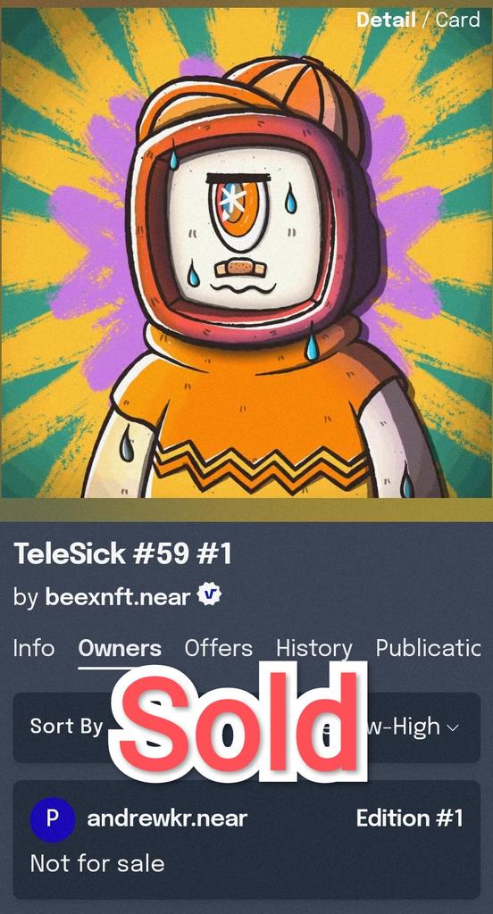BEEXNFT's tweet photo. TeleSick #59 was sold
Thank you andrewkr.near 🙏
#teleboy #NEARProtocol https://t.co/Kxke1FfGF0