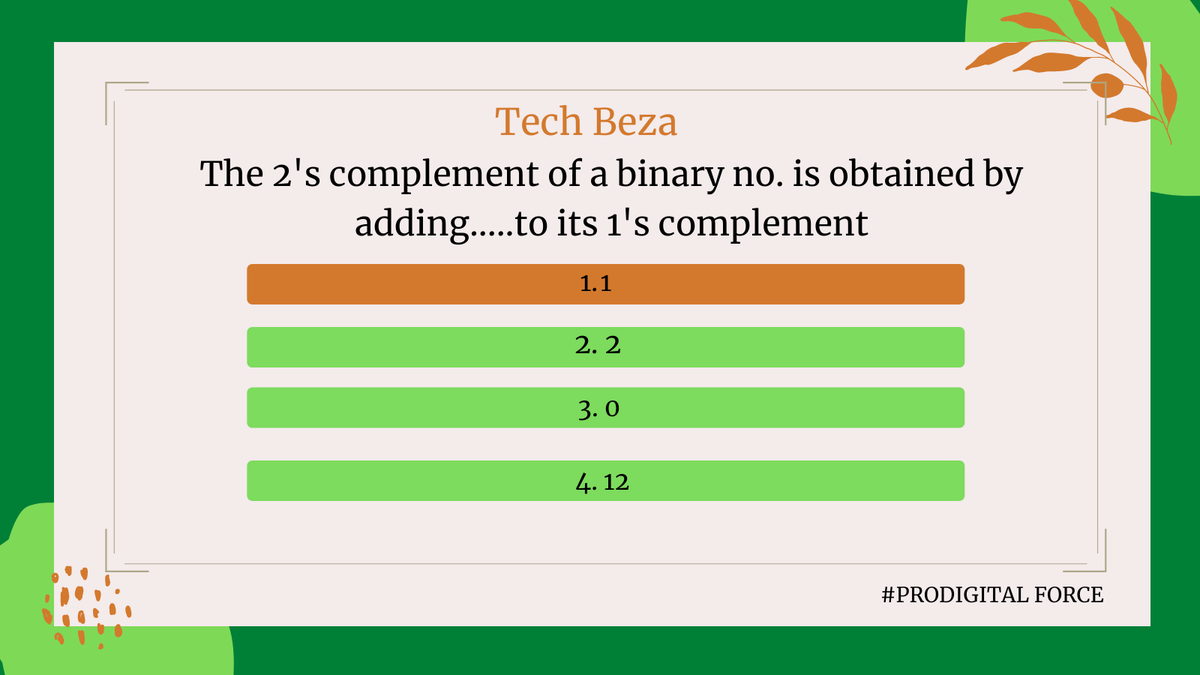 prodigitalforce's tweet photo. The 2's complement of a binary no. is obtained by adding.....to its 1's complement.........................
#ProDigitalForce
#DigitalMarketing
#WebDesign https://t.co/D3o5w06Q0j