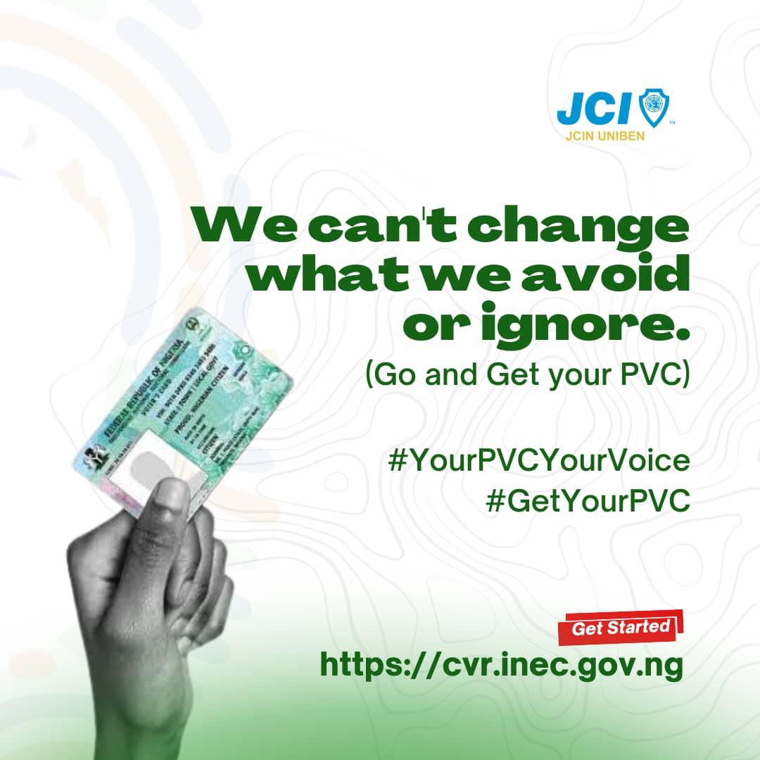 jci_uniben's tweet photo. I still got the power to choose.
I got my PVC!
Remember, my noble comrade.
We can't change what we avoid.
We can't change what we ignore.
To get started, click the link below
https://t.co/Aga2FVxYzL
#ONELegacy
#GetYourPVC
#YourPVCYourVoice https://t.co/mhpmGp2553