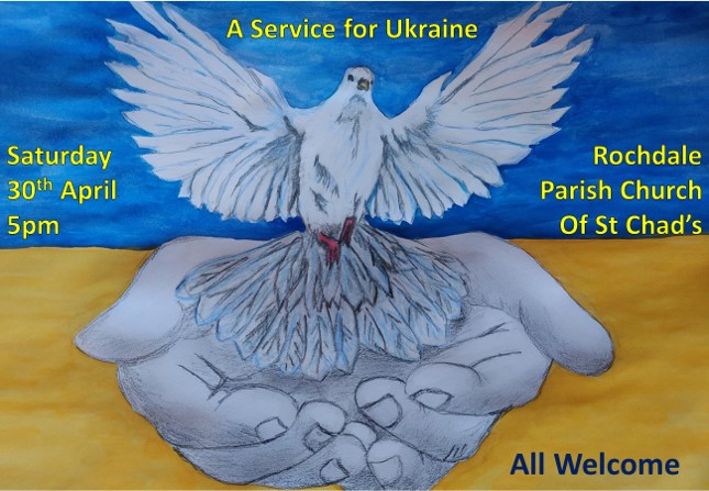 Rochdale Parish Church @RochdaleStChads will be hosting a joint service, with the Ukrainian Association on Saturday 30 April at 5pm 🇺🇦 Join with the community in prayer for peace in #Ukraine️ and for those affected by the conflict 🙏 💙 Please share this event with others 💛