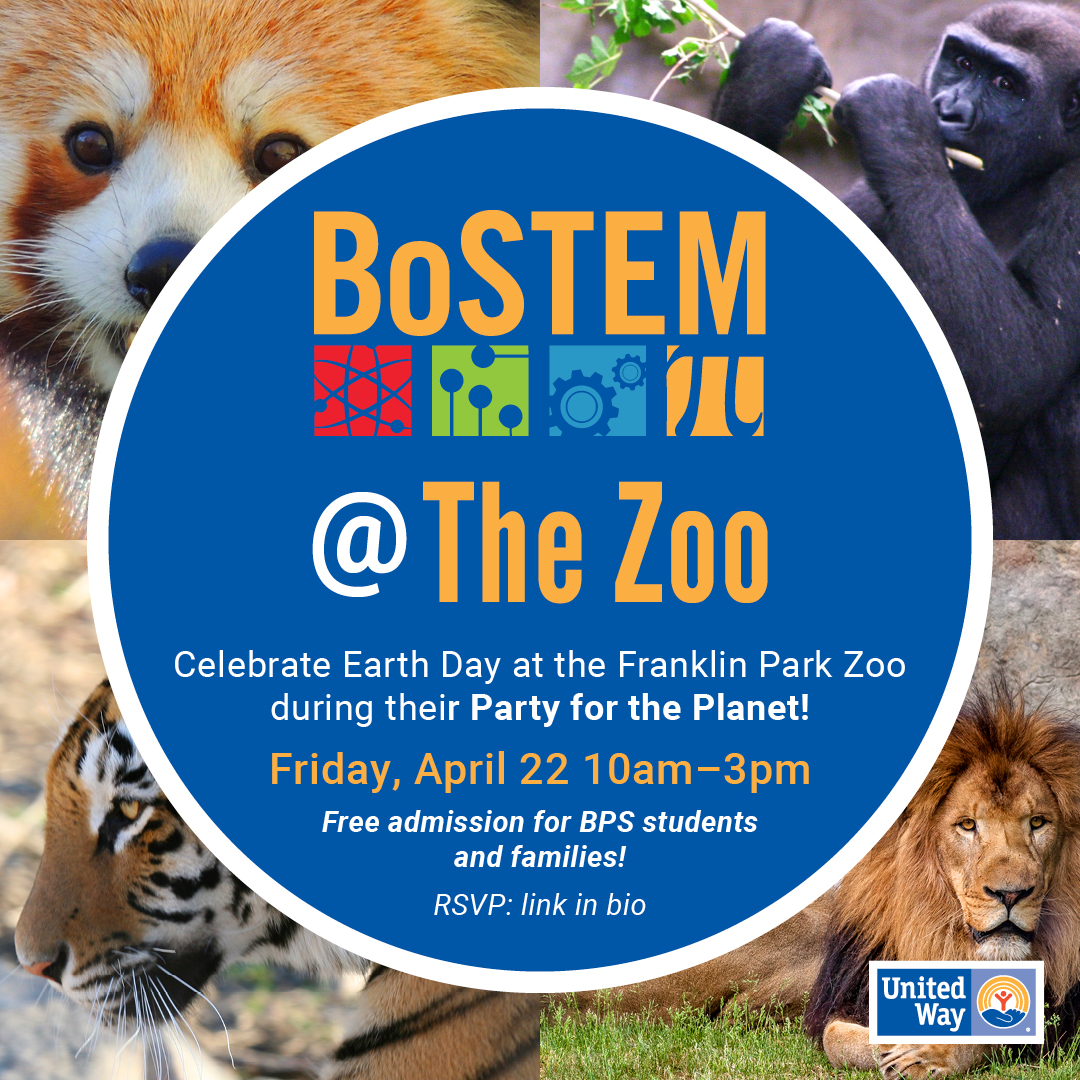 BostonSchools's tweet photo. Celebrate #EarthDay with the @UnitedWayMABay #BoSTEM team and @zoonewengland at #PartyForThePlanet at Franklin Park Zoo!
Friday, April 22, 10am-3pm.
Zoo talks & other fun #STEM activities. FREE admission for @BostonSchools students who pre-register: https://t.co/Vfzb5guXWg https://t.co/TFpIAVRG9U