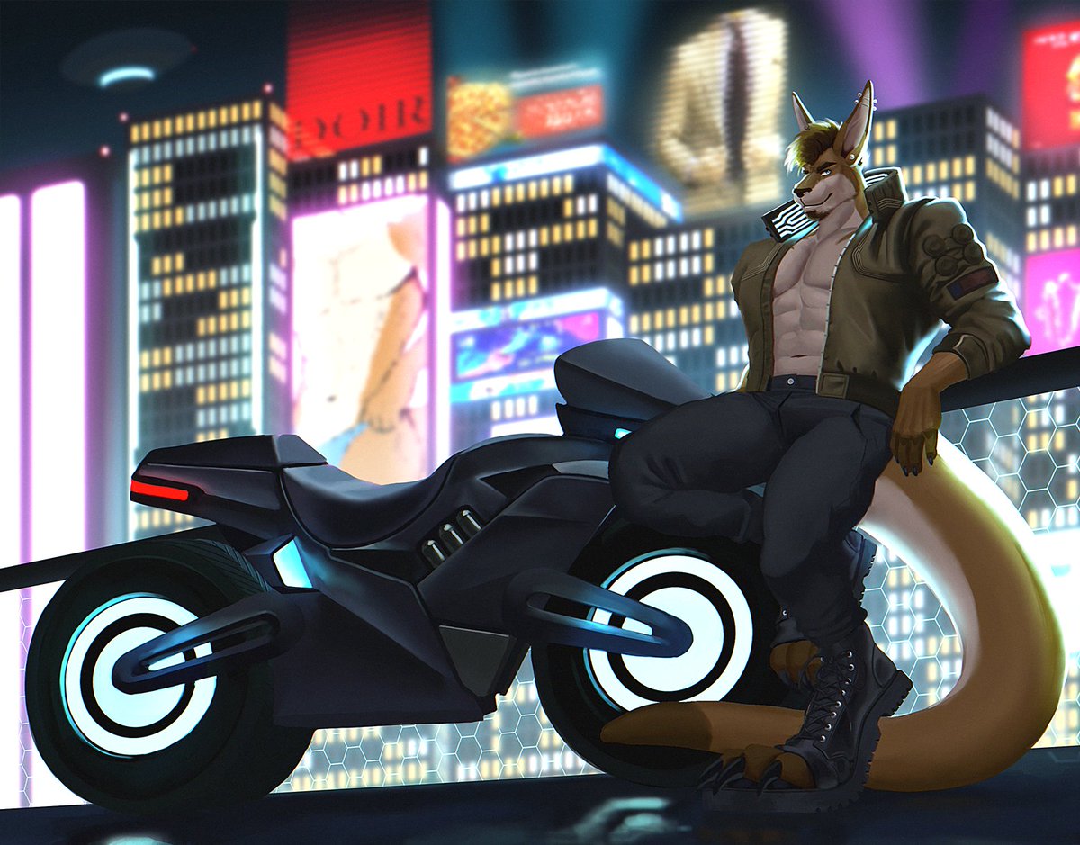 This roo is definitely going places at the speed of light 🏍️

Cyberpunk themed commission for <a href="/wolfnroo/">Dart 🦘</a> !