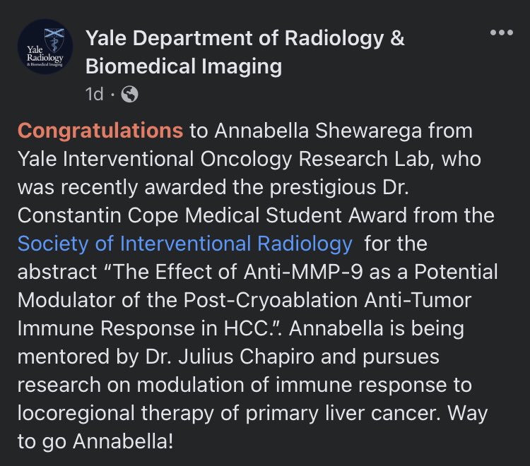 Congrats to Annabella Shewarega <a href="/LShewarega/">Annabella Shewarega</a> from <a href="/Yale_IR/">Yale IR</a> Interventional Oncology Research Lab, recently awarded the <a href="/SIRspecialists/">Society of Interventional Radiology</a> prestigious Dr. Constantin Cope Medical Student Award!
Way to go Annabella!
Facebook: facebook.com/10006358882252…
👏👏👏
#Radiology #RadXX #RadEq