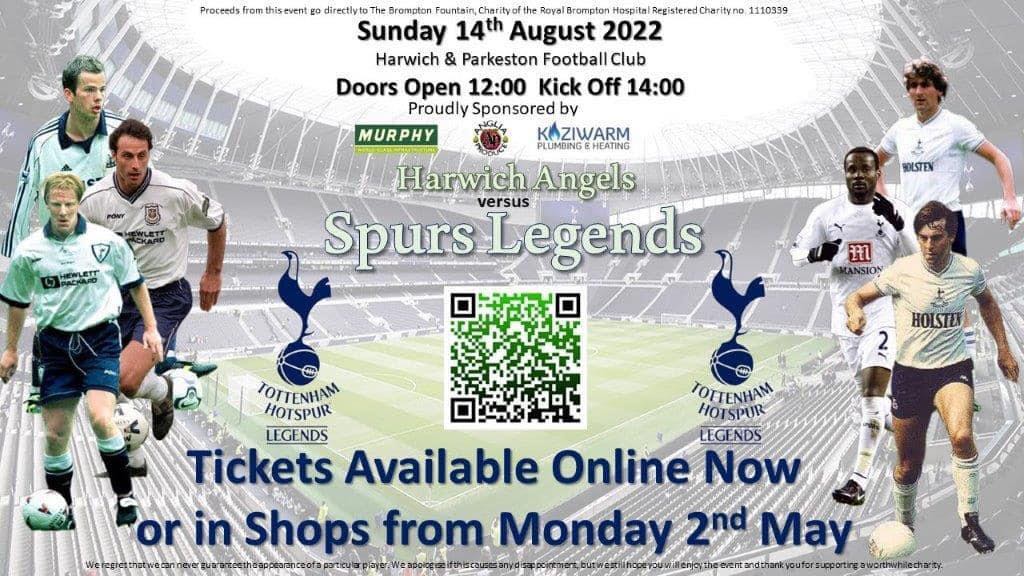 BromptonSupport's tweet photo. A fantastic #football match in aid of our #charity featuring the #TottenhamHotspur Legends versus the #Harwich Angels in memory of #BromptonBaby Myah. Scan the #QRcode for tickets and more information. @SpursOfficial @TottenhamNews @Essex_Echo @GlennHoddle @GaryLineker Pls RT https://t.co/hmx5jtnki9