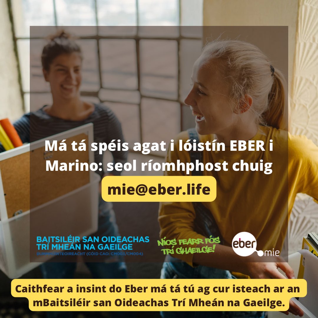 Baitsiléir san Oid. Trí Mheán na Gaeilge (@oidtri) on Twitter photo Lóistín ar an gcampas 🏢
Léirigh do chuid spéise do lóistín Marino anois!!
Seol ríomhphost chuig eber@mie.life chun do chuid spéise a léiriú agus ná déan dearmad a insint dóibh má tá tú ag cur isteach ar an mBaitsiléir san Oideachas Trí Mheán na Gaeilge
#lóistínmarino Lóistín ar an gcampas 🏢
Léirigh do chuid spéise do lóistín Marino anois!!
Seol ríomhphost chuig eber@mie.life chun do chuid spéise a léiriú agus ná déan dearmad a insint dóibh má tá tú ag cur isteach ar an mBaitsiléir san Oideachas Trí Mheán na Gaeilge
#lóistínmarino