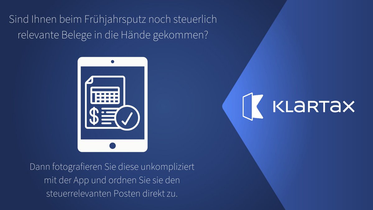 Fotografieren Sie steuerlich relevante Belege unkompliziert mit der #KLARTAX -Steuer-App und ordnen Sie diese den steuerrelevanten Posten direkt zu. So haben Sie den Überblick, was Sie voraussichtlich zurückbekommen können.  

Einfach mit KLARTAX starten: klartax.de