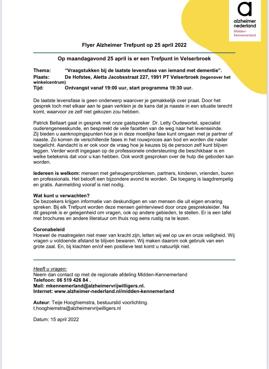 Op 25 april is er een Alzheimer Trefpunt in Velserbroek. Het thema is: vraagstukken bij de laatste levensfase van iemand met dementie. De start is om 19:30 uur, iedereen is welkom! #dementie #alzheimer #trefpunt