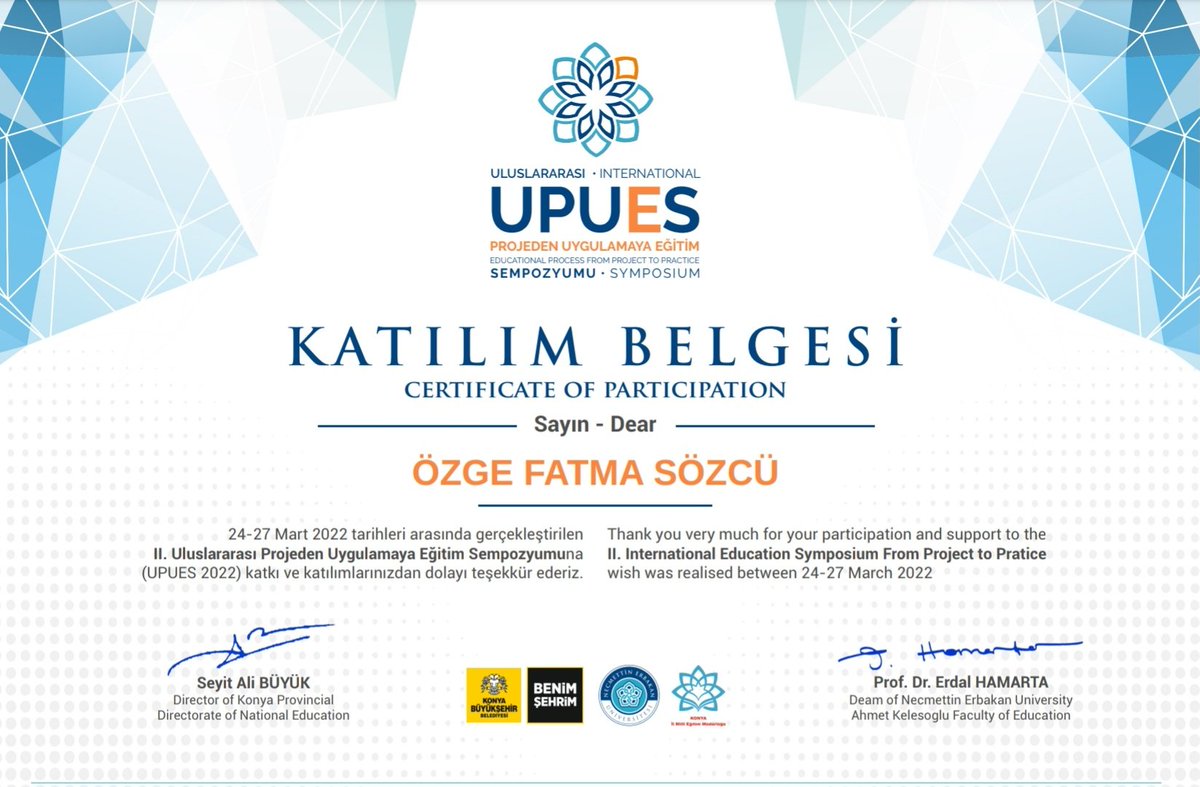 24-27 Mart 2022 tarihleri arasında gerçekleştirilen II. Uluslararası Projeden Uygulamaya Eğitim Sempozyumuna (UPUES 2022) e-Twinning projemiz "Today or Mayday" ile katkı sunduk. Öğretmenimiz Özge Fatma Sözcü ve proje öğrencilerimize teşekkür ederiz.<a href="/ersanulusan/">Ersan Ulusan</a> <a href="/HuseyinGumus59/">Hüseyin GÜMÜŞ</a>