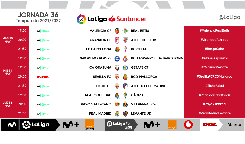 HORARIOS | Estos son los horarios de los encuentros que se disputarán en la jornada 36 de #LaLigaSantander.