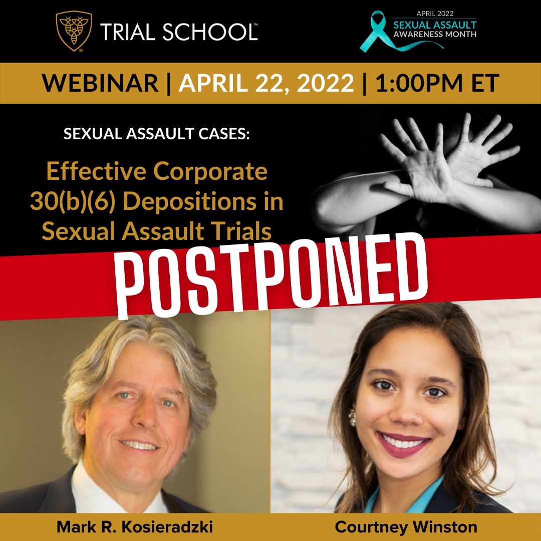 trial_school's tweet photo. Due to unforeseen circumstances this week’s live webinar will be postponed.  While we work to reschedule, please take this time to view Mark’s 30(b)(6) presentations from the State of the Art Deposition Series in the Trial School Archives. https://t.co/EejLwAhimb https://t.co/JUPHsm6wTP