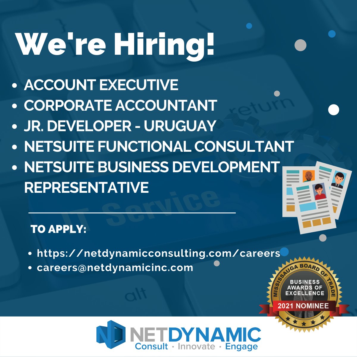 Net_Dynamic's tweet photo. Join our growing Dynamic team!
https://t.co/SOMLEru5LX
#NetDynamicConsulting #Hiring #Jobs #Apply #MBOT #MBOTNominee #MBOTAwards #Awards #Technology #Recruiting #Employment #Business https://t.co/6AJXaWFHiH