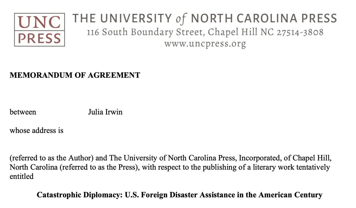I'm elated to report that my second book, *Catastrophic Diplomacy*, is now under contract with <a href="/UNC_Press/">UNC Press</a>. I'm delighted to be working with the incredible @DGershenowitz on this project, which examines the history and politics of US foreign disaster aid. Look for it in Fall 2023!