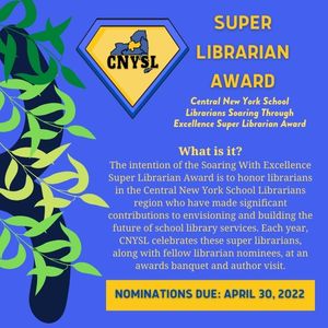 Consider nominating an amazing School Librarian in the Central New York area! We have amazing librarians. Nomination form can be filled out here: bit.ly/3te4vvQ @nyla_ssl @NYLA_1890 @YACNYLA @YSSNYLA @SLSA_NYS