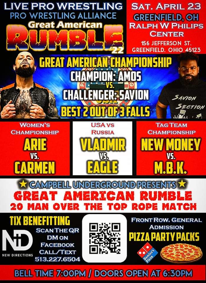 Saturday, April 23rd LIVE Pro Wrestling Returns to Greenfield, Ohio at the Ralph. W Phillips Center... Win a $100 Grocery Gift Card. Meet the Wrestlers.

Tickets Available Now... 

Call/Text 513.227.6504
Direct Message On Facebook
Visit guestli.st/707700