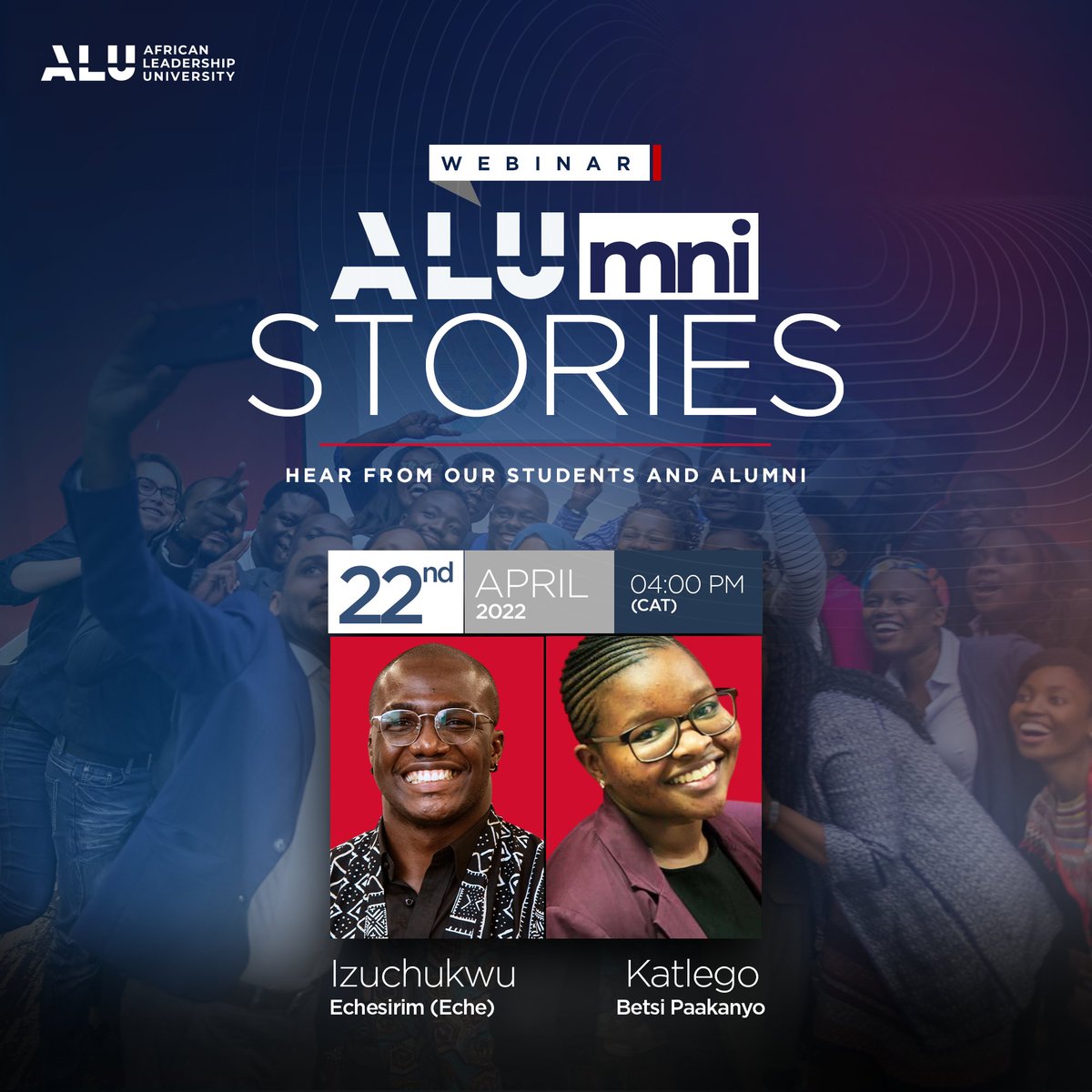 alueducation's tweet photo. Have you ever wondered what it is like to study at ALU? Join us on Friday, April 22nd at 4 p.m. CAT, join us for a conversation with our Alumni, Eche and Betsi to find out.
Register now--https://t.co/0jP9oTVwo2
#ALUmni #StudyAtALU https://t.co/HgRtD6bD73