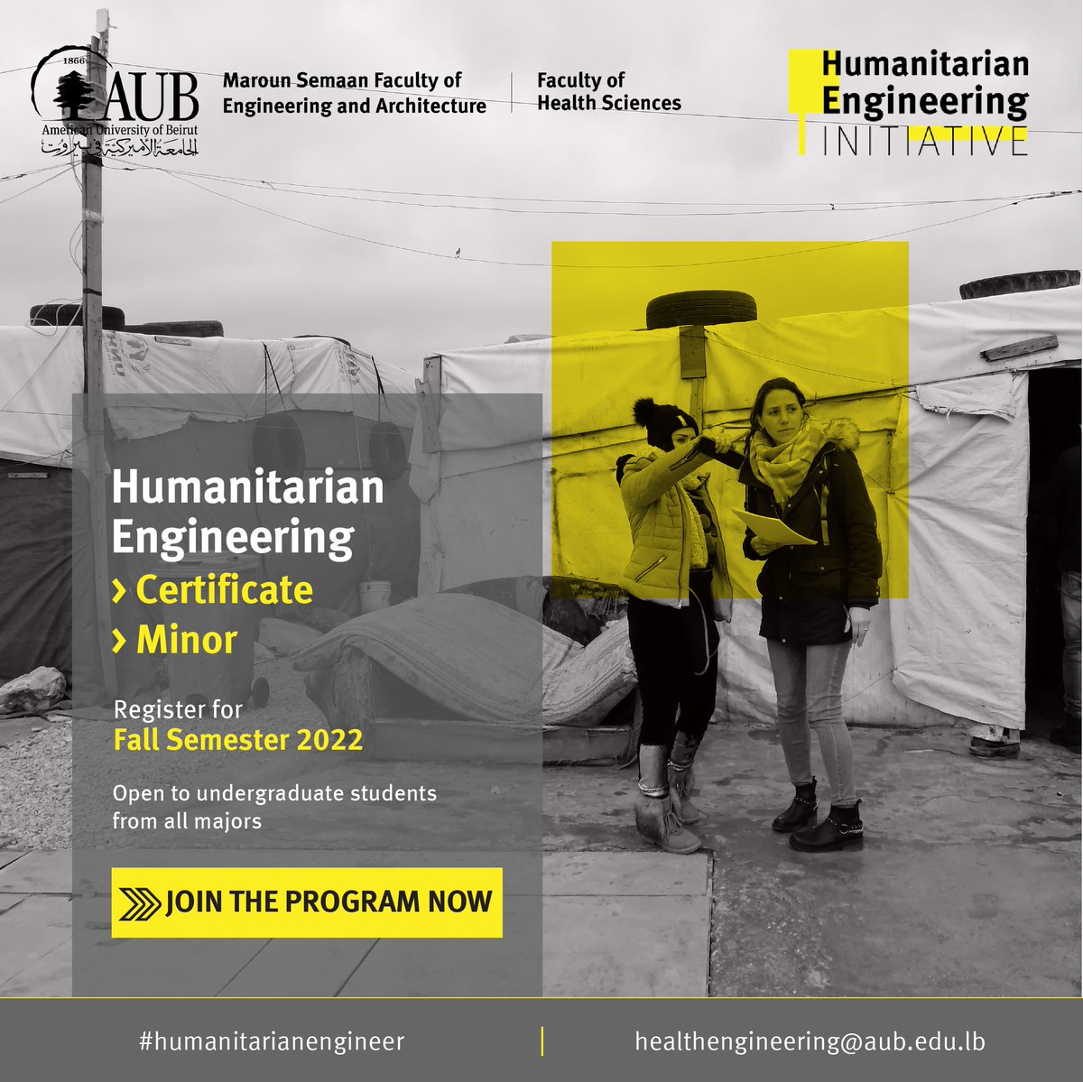 MSFEA_AUB's tweet photo. Tackle issues from two complementary perspectives: public health & engineering.
Register for the minor/certificate in Humanitarian Engineering & Public Health Innovations as of April 26!
🔗 https://t.co/EkPxOR0sET
@AUB_Lebanon @FHS_AUB @HEI_AUB
#AUB #humanitarianengineer https://t.co/DtO3GHL6Rk