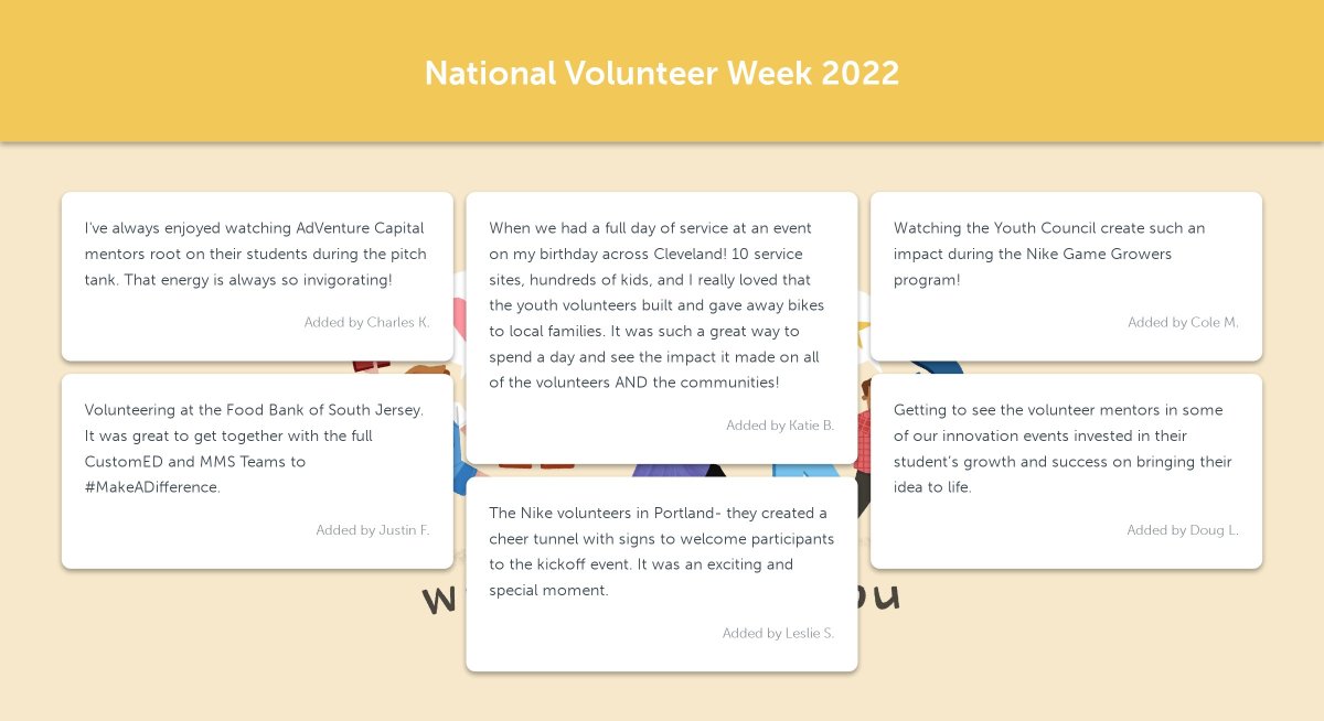 In honor of National Volunteer Week, we asked some of our team to share their favorite #makeadifference memory of some of the extraordinary volunteers and volunteer experiences we've been lucky to help bring to life. #NVW #GlobalVolunteerMonth #makeadifference #kudoboard