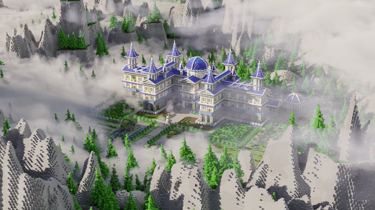 Our new Lobby, a beautiful white-blue castle with a big garden.
a pig statue (inspiration: seven deadly sins) and a tiny phoenix.

Head  Builder: _SilverPhoenix
Landscape Builder: <a href="/Ph8enix_/">Ph8enix</a> 
Render: <a href="/Lylied3/">Lylied</a>