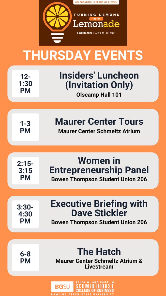 See below all the #EWeek2022 events we have going on today! Don’t forget to stream #TheHatch2022 live at the link below if you didn’t register to watch in person! 

bgsu.edu/business/cente…